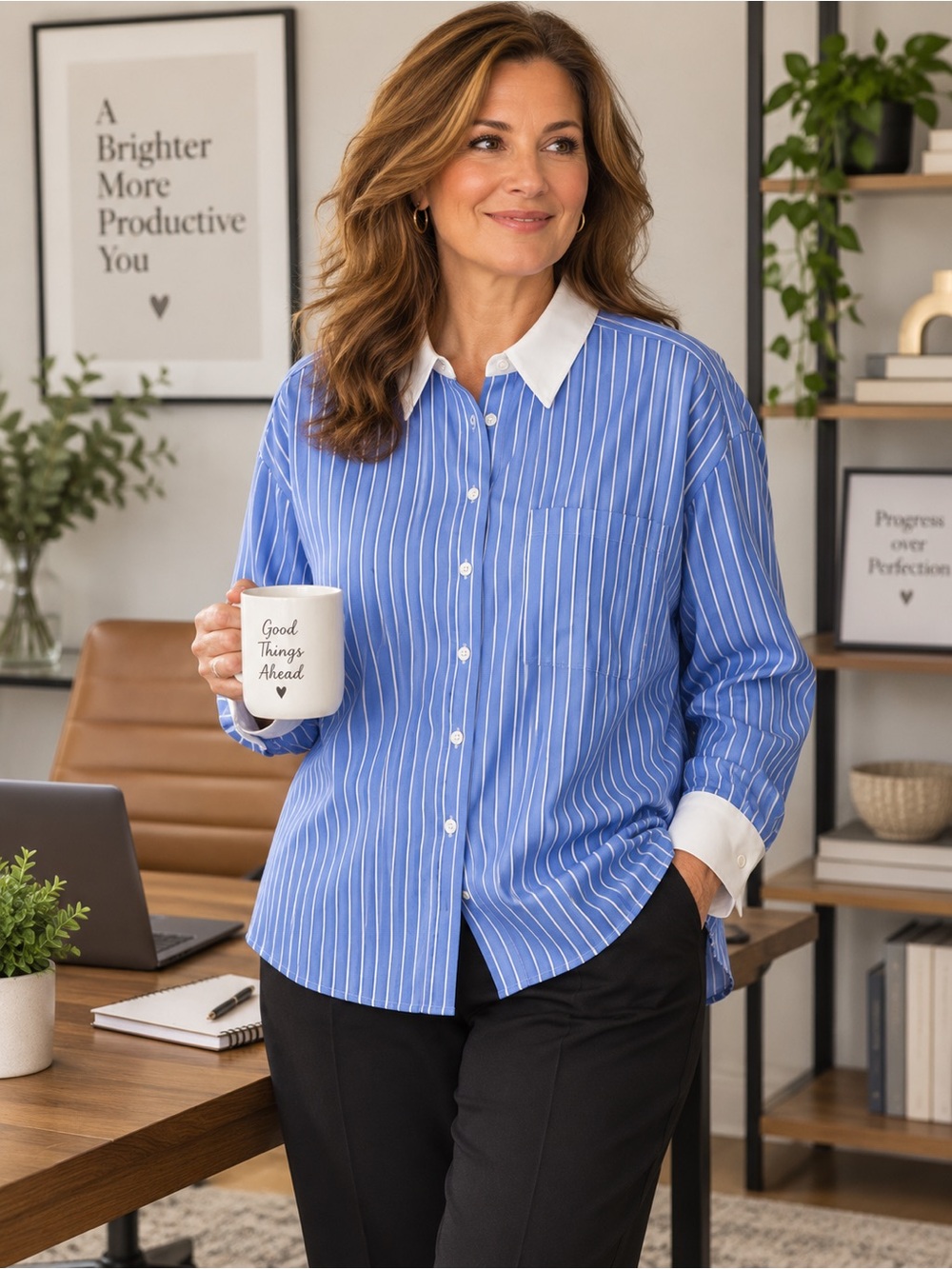 Reitmans Blue Pinstripe Button-Down Shirt with White Collar